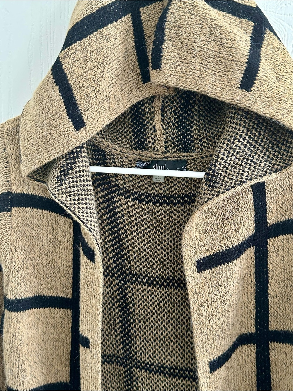 Long Hooded Grid-Pattern Cardigan - Camel/Black Size S - Picture 6 of 8
